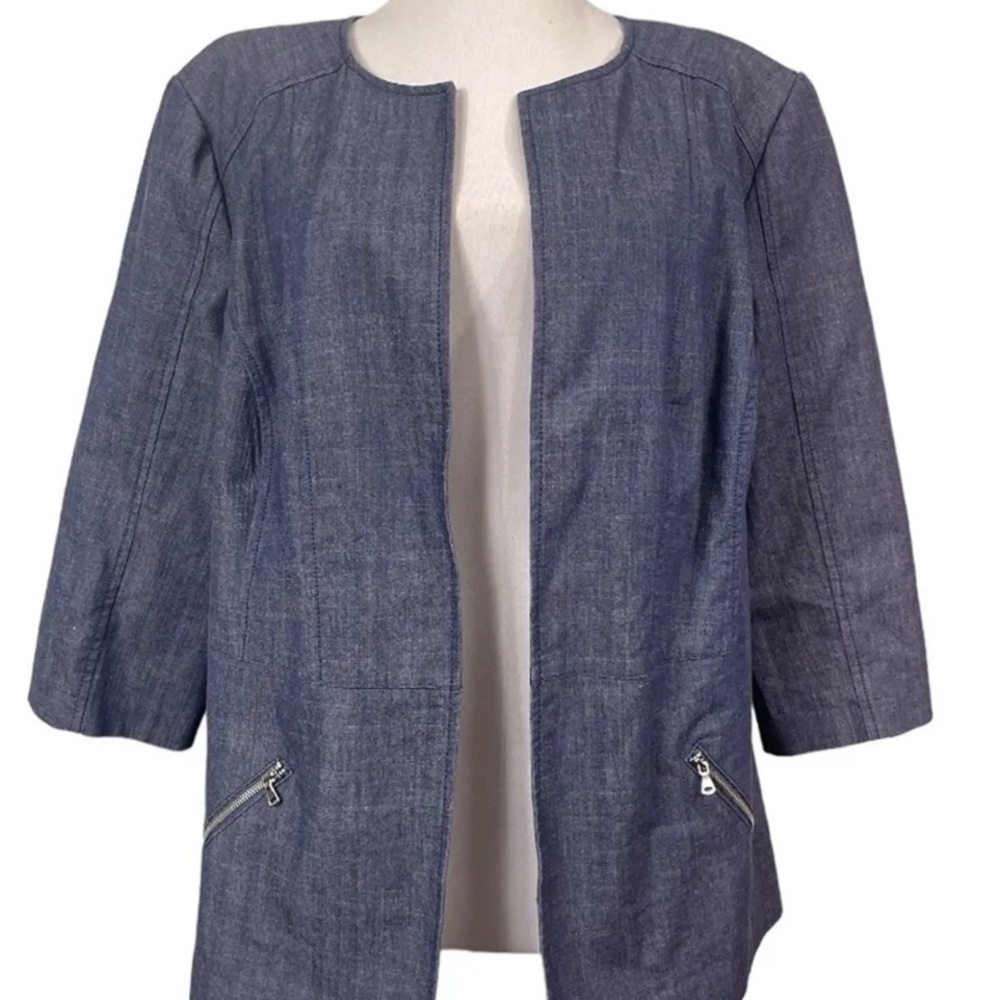 Roz & Ali Denim-Style Open Front Blazer Jacket in Blue